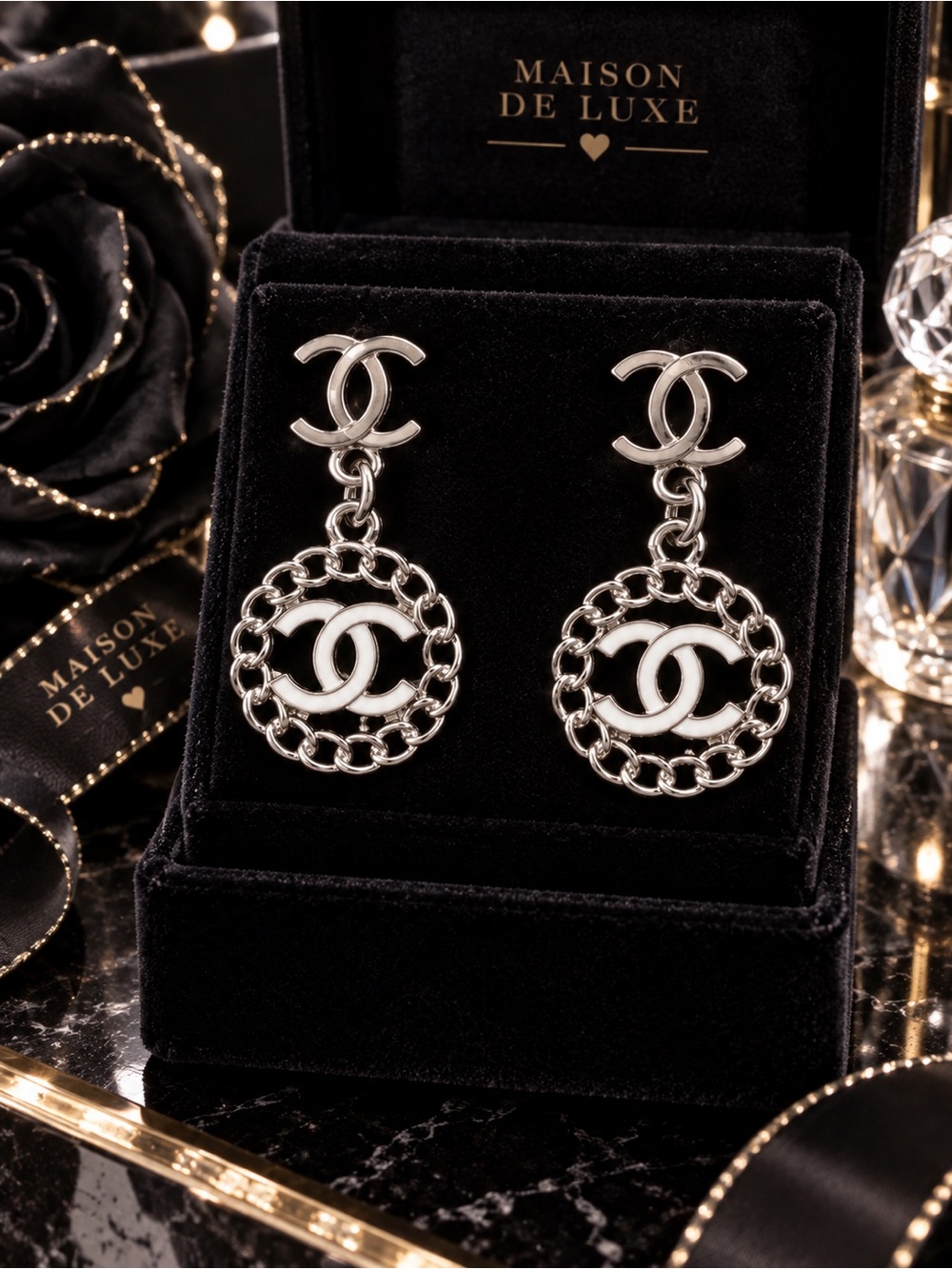 Silver CC Logo White Enamel Chain Link Drop Dangle Earrings